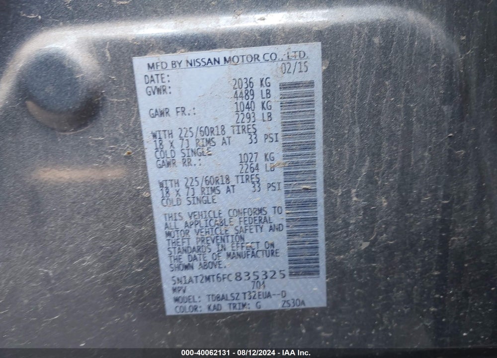 2015 NISSAN ROGUE SL VIN: 5N1AT2MT6FC835325