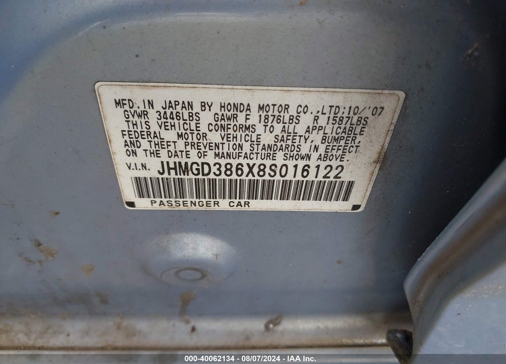 2008 HONDA FIT SPORT VIN: JHMGD386X8S016122