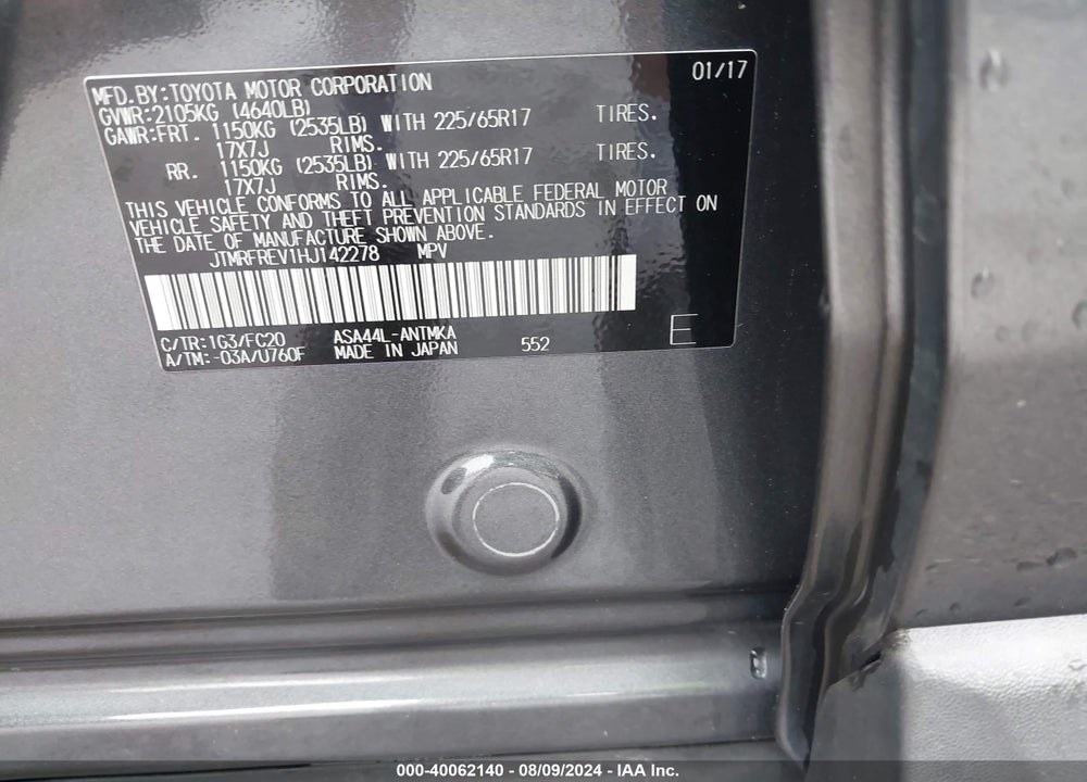 2017 TOYOTA RAV4 XLE VIN: JTMRFREV1HJ142278