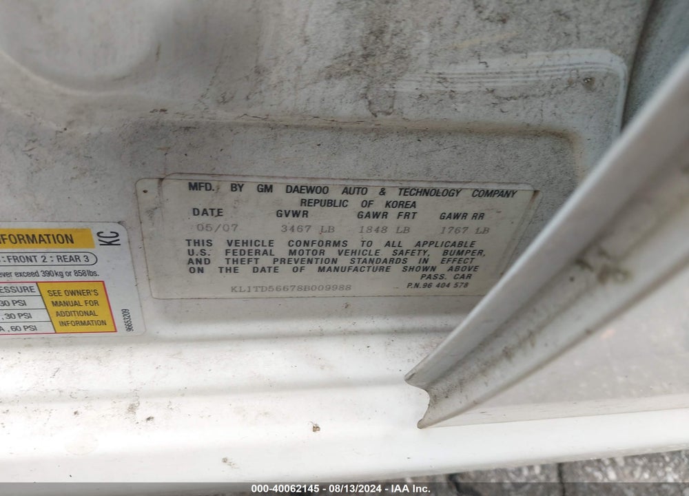 2008 CHEVROLET AVEO LS VIN: KL1TD56678B009988