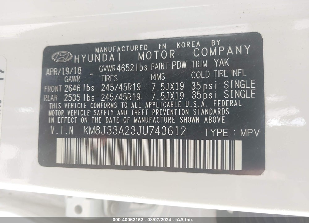 2018 HYUNDAI TUCSON LIMITED VIN: KM8J33A23JU743612