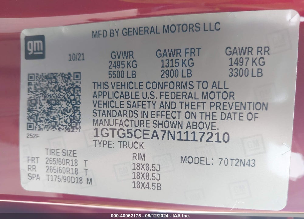 2022 GMC CANYON 2WD SHORT BOX ELEVATION VIN: 1GTG5CEA7N1117210