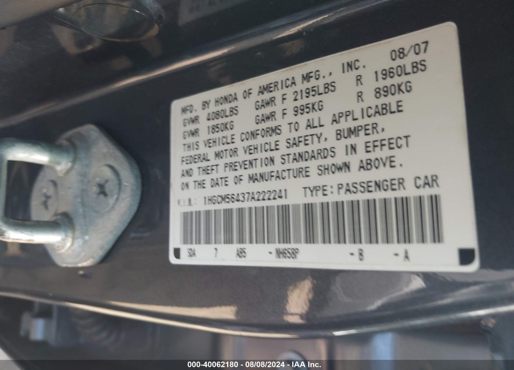 2007 HONDA ACCORD 2.4 LX VIN: 1HGCM56437A222241