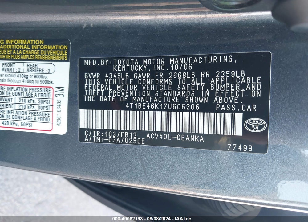 2007 TOYOTA CAMRY CE/LE/XLE/SE VIN: 4T1BE46K17U606206