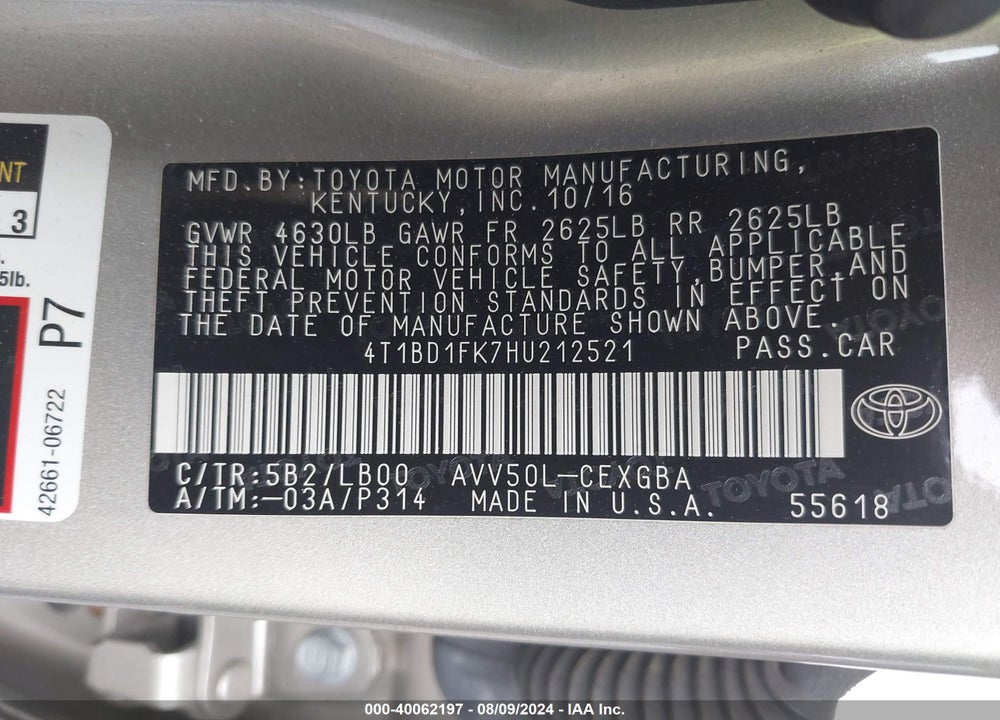 2017 TOYOTA CAMRY HYBRID XLE VIN: 4T1BD1FK7HU212521