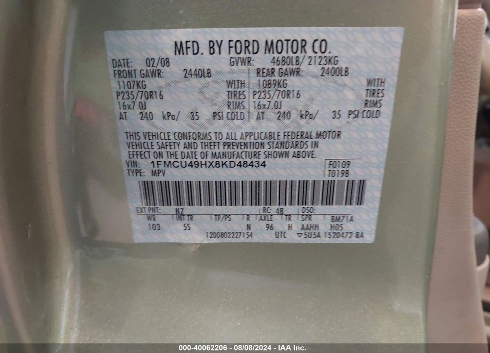 2008 FORD ESCAPE HYBRID VIN: 1FMCU49HX8KD48434