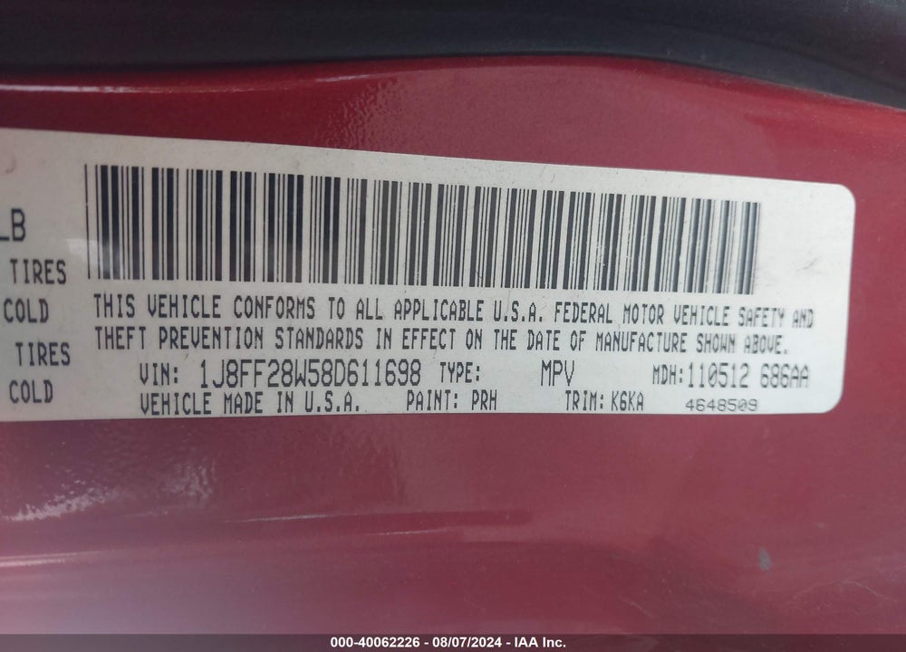 2008 JEEP PATRIOT SPORT VIN: 1J8FF28W58D611698