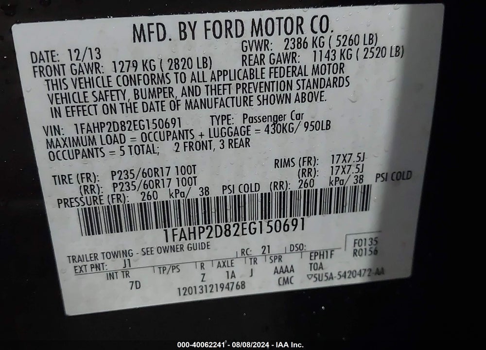 2014 FORD TAURUS SE VIN: 1FAHP2D82EG150691