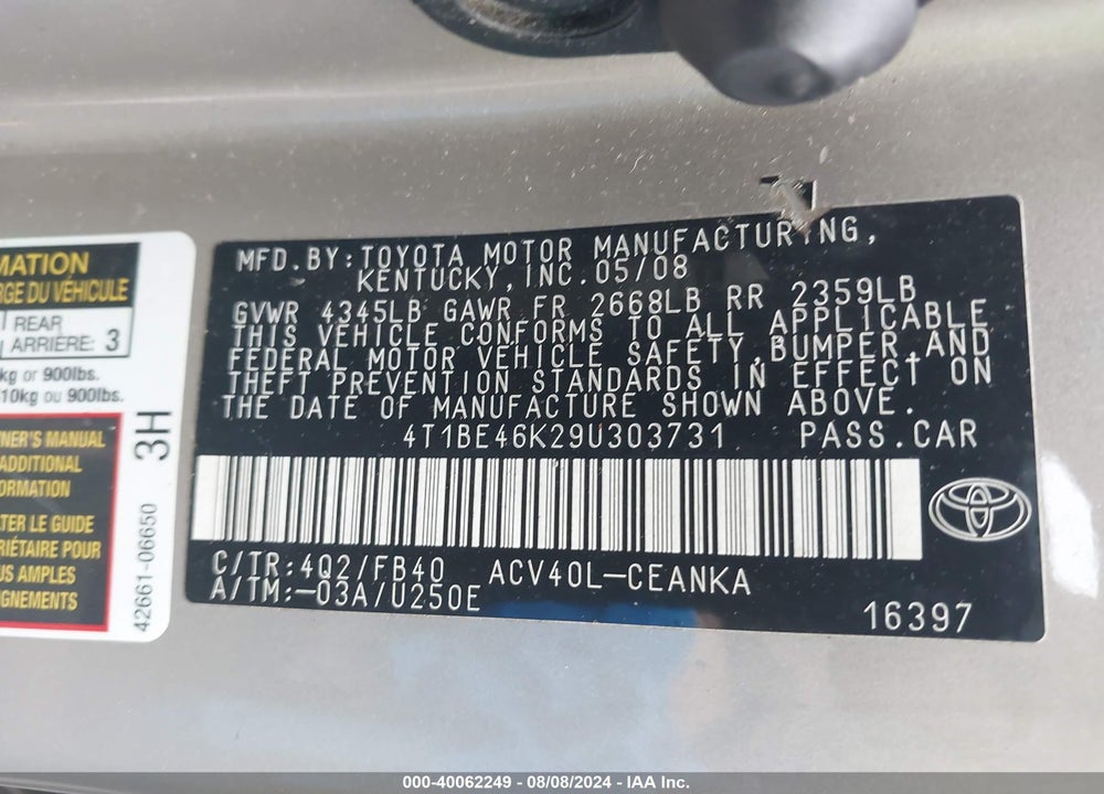2009 TOYOTA CAMRY LE VIN: 4T1BE46K29U303731