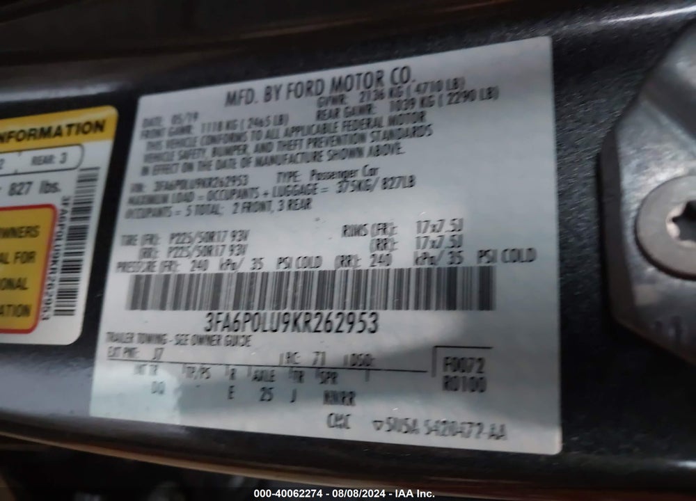 2019 FORD FUSION HYBRID SE VIN: 3FA6P0LU9KR262953
