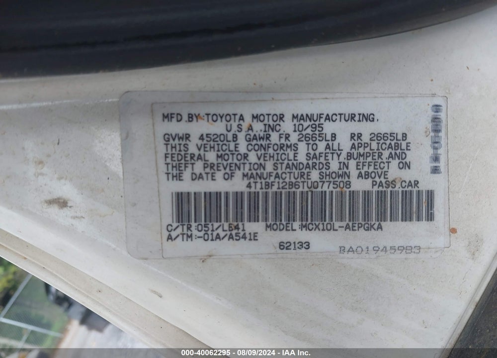 1996 TOYOTA AVALON XL/XLS VIN: 4T1BF12B6TU077508