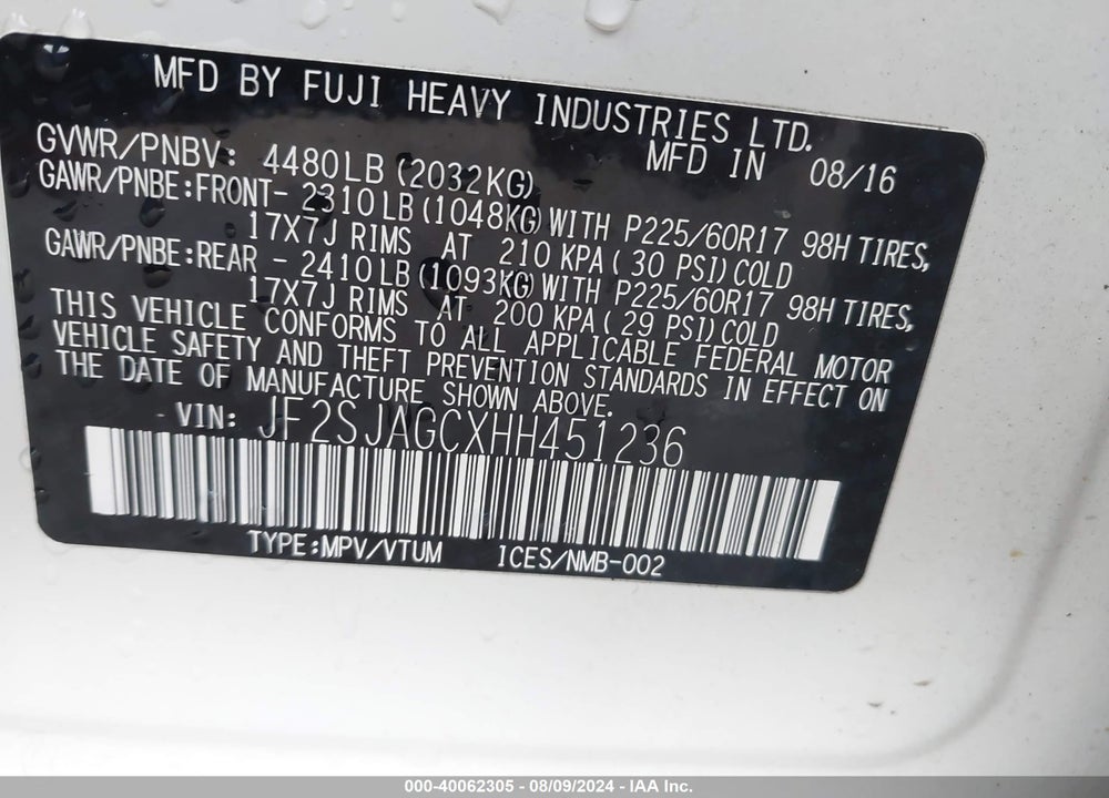 2017 SUBARU FORESTER 2.5I PREMIUM VIN: JF2SJAGCXHH451236