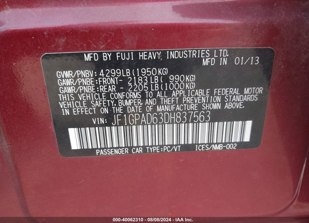 2013 SUBARU IMPREZA 2.0I PREMIUM VIN: JF1GPAD63DH837563