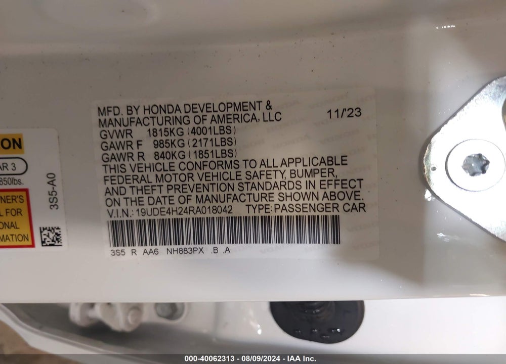 2024 ACURA INTEGRA VIN: 19UDE4H24RA018042