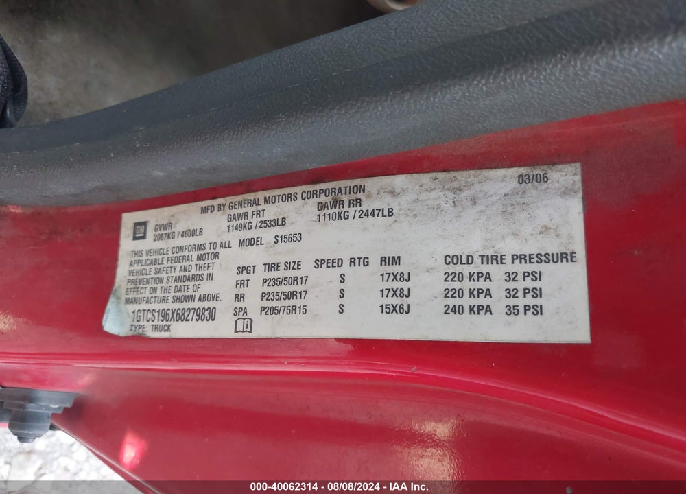 2006 GMC CANYON SLE1/SLE2/SLT/WORK TRUCK VIN: 1GTCS196X68279830