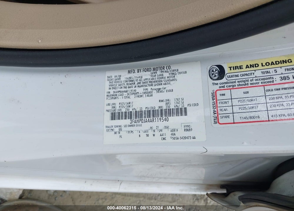 2010 FORD FUSION SEL VIN: 3FAHP0JA4AR119540
