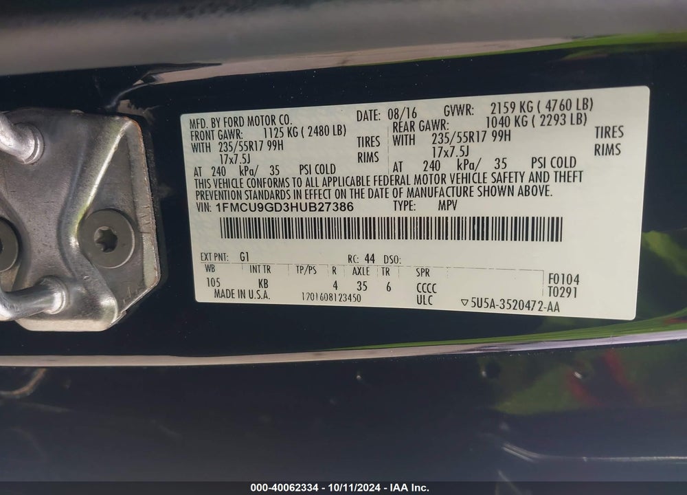 2017 FORD ESCAPE SE VIN: 1FMCU9GD3HUB27386