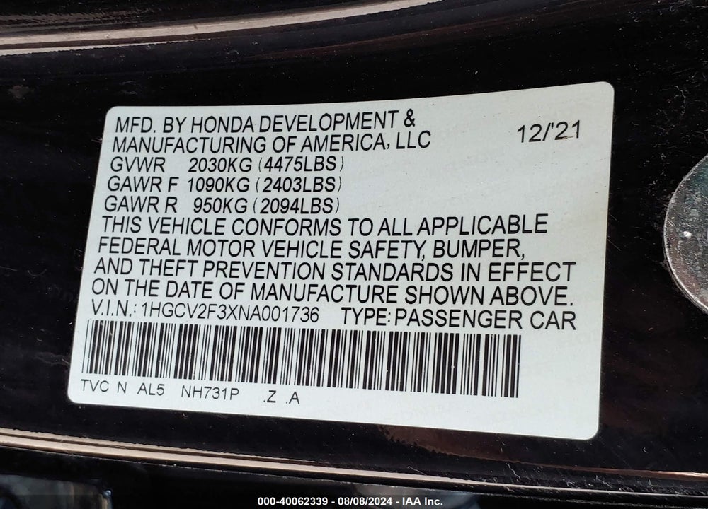 2022 HONDA ACCORD SPORT 2.0T VIN: 1HGCV2F3XNA001736