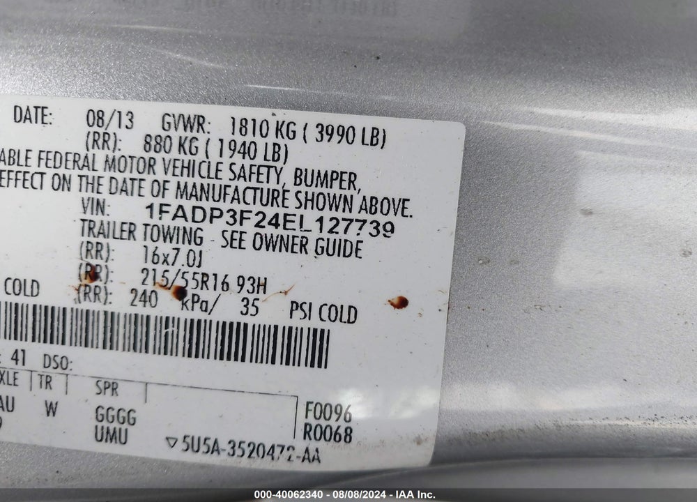 2014 FORD FOCUS SE VIN: 1FADP3F24EL127739