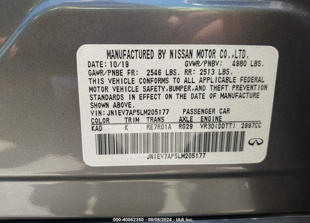 2020 INFINITI Q50 LUXE VIN: JN1EV7AP5LM205177