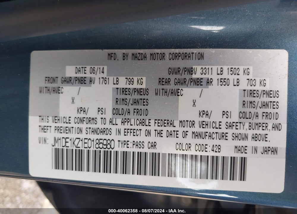 2014 MAZDA MAZDA2 VIN: JM1DE1KZ1E0185980