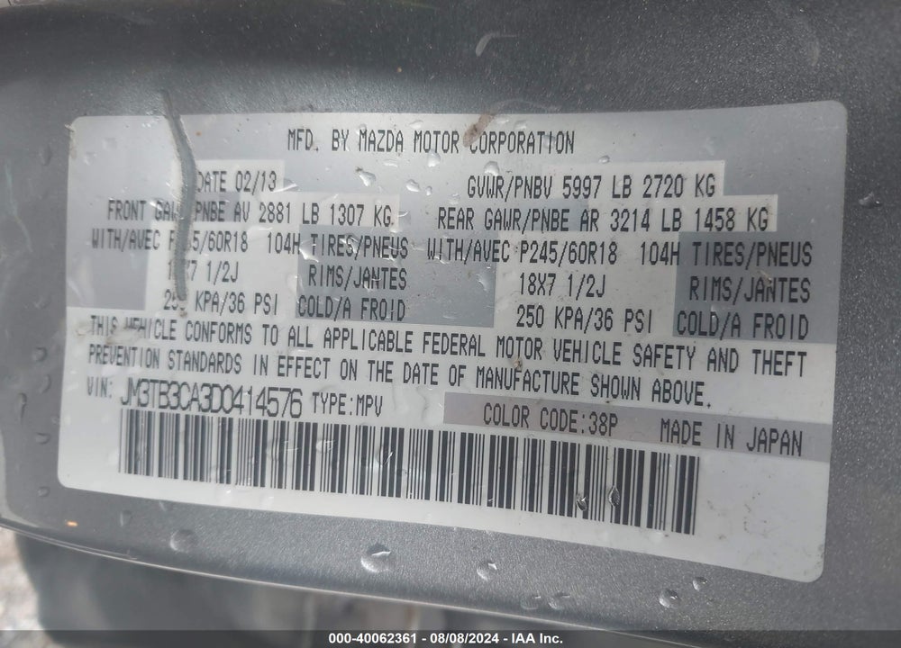2013 MAZDA CX-9 TOURING VIN: JM3TB3CA3D0414576