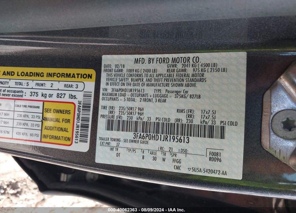 2018 FORD FUSION SE VIN: 3FA6P0HD1JR195613