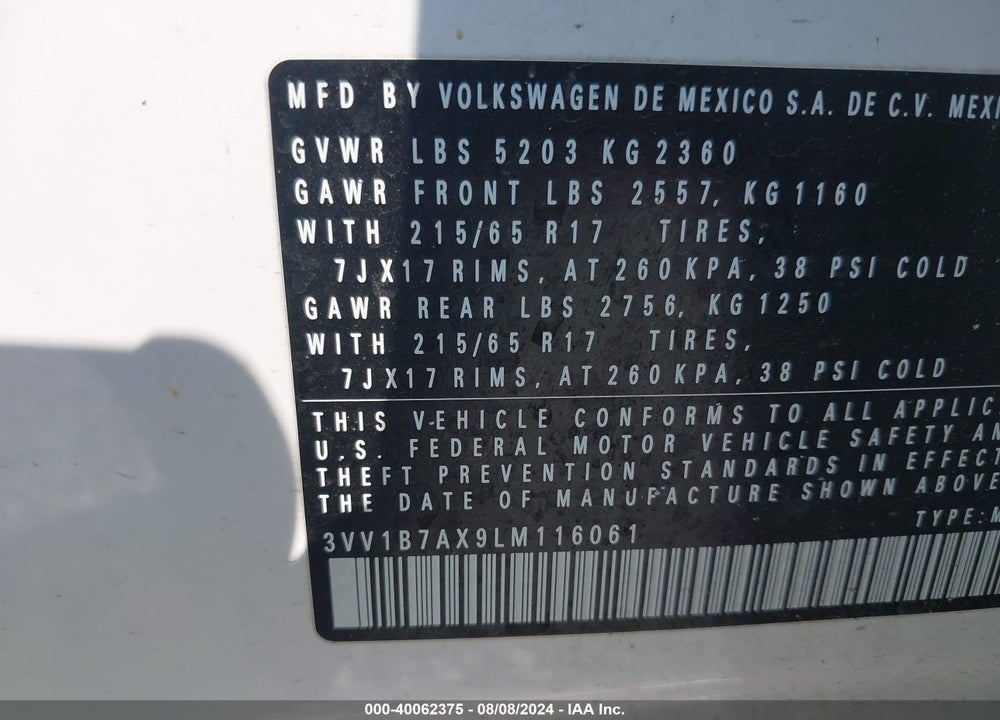 2020 VOLKSWAGEN TIGUAN 2.0T S VIN: 3VV1B7AX9LM116061