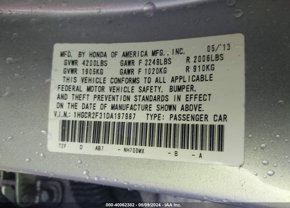 2013 HONDA ACCORD LX VIN: 1HGCR2F31DA197987