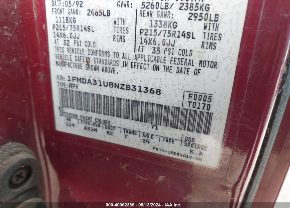 1992 FORD AEROSTAR VIN: 1FMDA31U8NZB31368