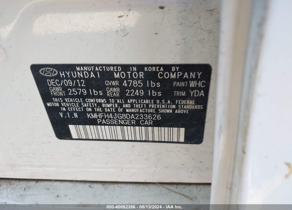 2013 HYUNDAI AZERA VIN: KMHFH4JG8DA233626