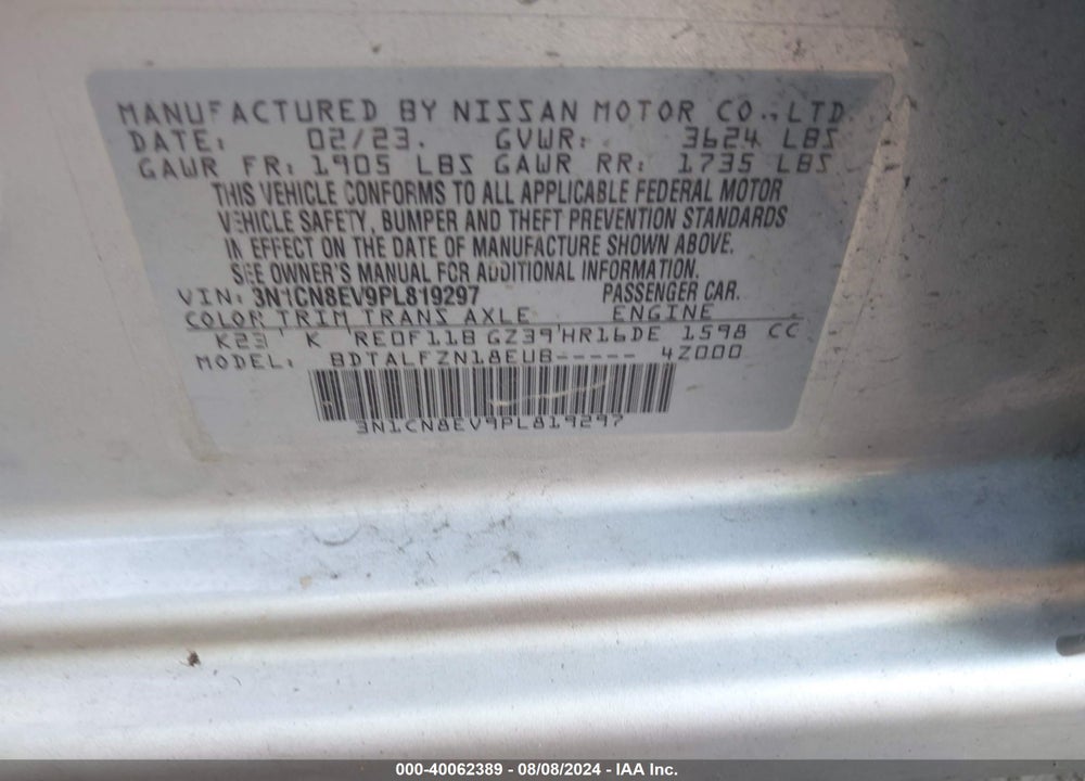 2023 NISSAN VERSA 1.6 SV XTRONIC CVT VIN: 3N1CN8EV9PL819297