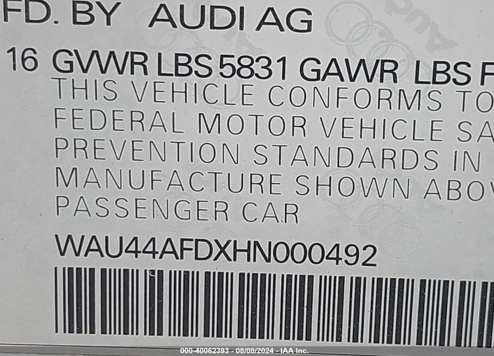 2017 AUDI A8 L 3.0T VIN: WAU44AFDXHN000492