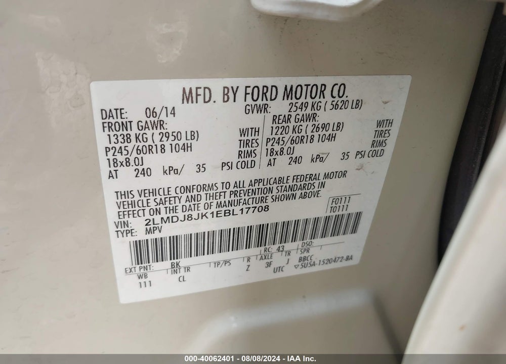 2014 LINCOLN MKX VIN: 2LMDJ8JK1EBL17708