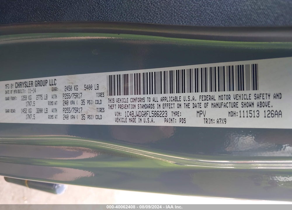 2015 JEEP WRANGLER UNLIMITED SPORT VIN: 1C4BJWDG0FL586223
