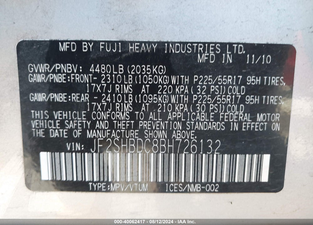 2011 SUBARU FORESTER 2.5X PREMIUM VIN: JF2SHBDC8BH726132