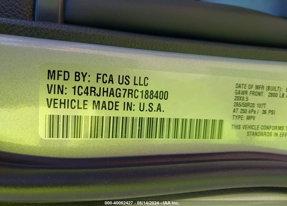 2024 JEEP GRAND CHEROKEE ALTITUDE X 4X4 VIN: 1C4RJHAG7RC188400