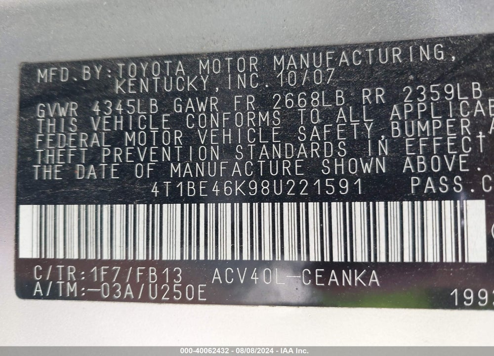 2008 TOYOTA CAMRY LE VIN: 4T1BE46K98U221591