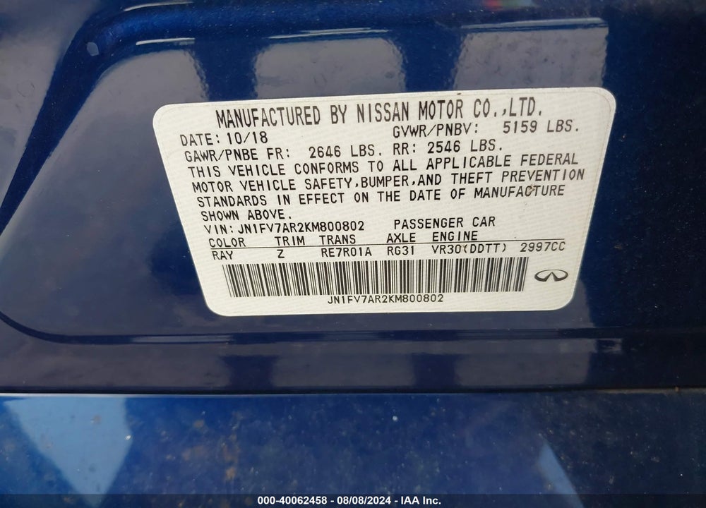 2019 INFINITI Q50 3.0T RED SPORT 400 VIN: JN1FV7AR2KM800802