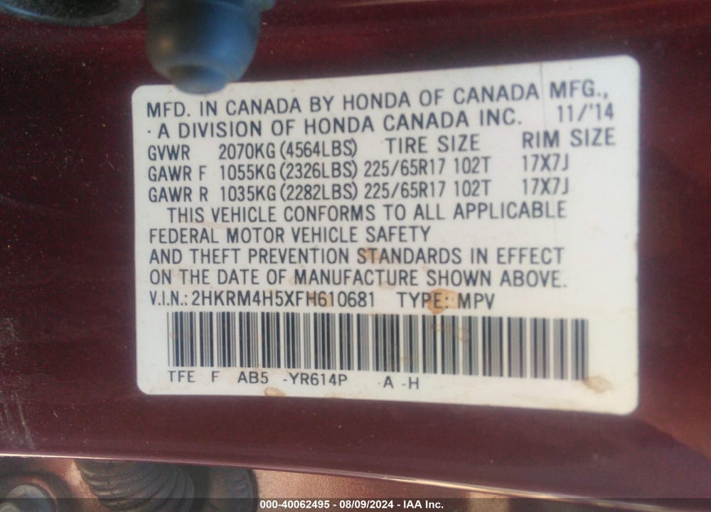 2015 HONDA CR-V EX VIN: 2HKRM4H5XFH610681