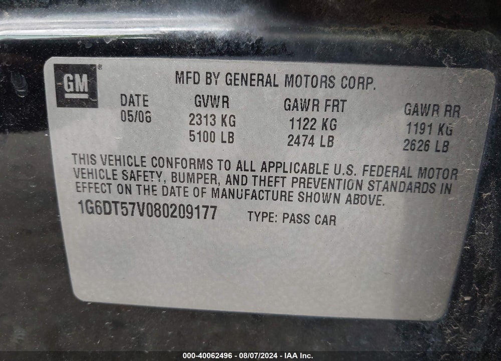 2008 CADILLAC CTS STANDARD VIN: 1G6DT57V080209177