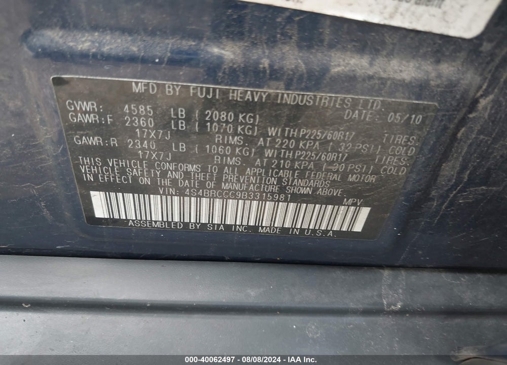 2011 SUBARU OUTBACK 2.5I PREMIUM VIN: 4S4BRCCC9B3315981