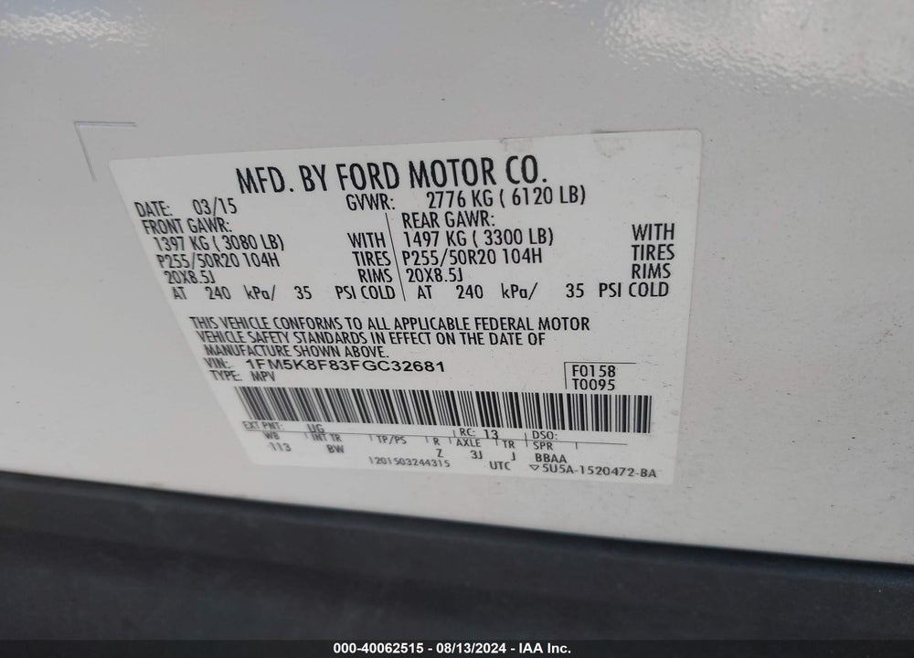 2015 FORD EXPLORER LIMITED VIN: 1FM5K8F83FGC32681