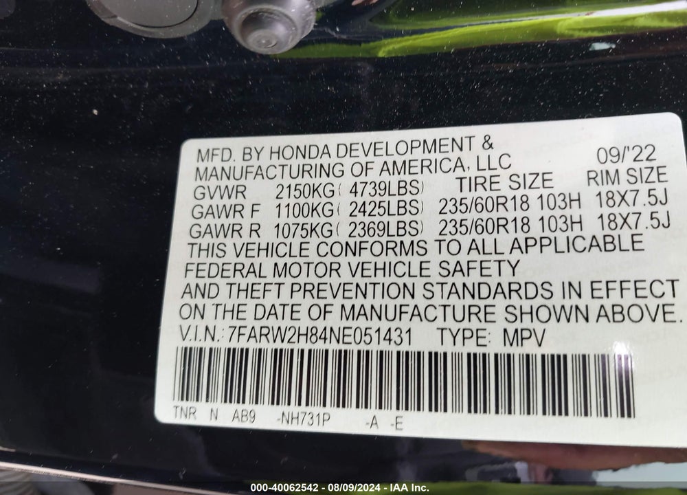 2022 HONDA CR-V AWD EX-L VIN: 7FARW2H84NE051431