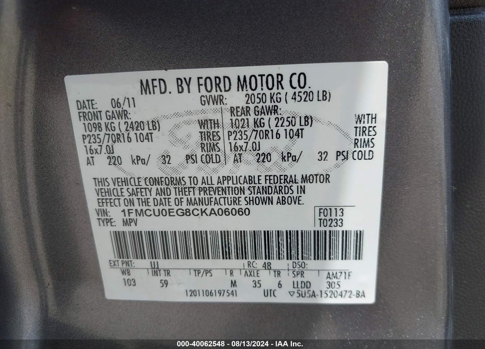 2012 FORD ESCAPE LIMITED VIN: 1FMCU0EG8CKA06060