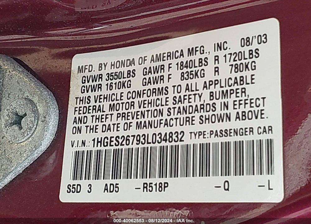 2003 HONDA CIVIC VIN: 1HGES26793L034832