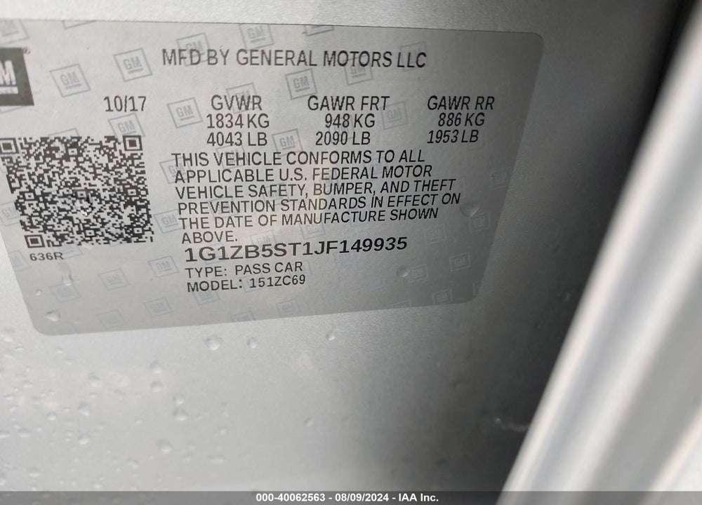 2018 CHEVROLET MALIBU 1LS VIN: 1G1ZB5ST1JF149935