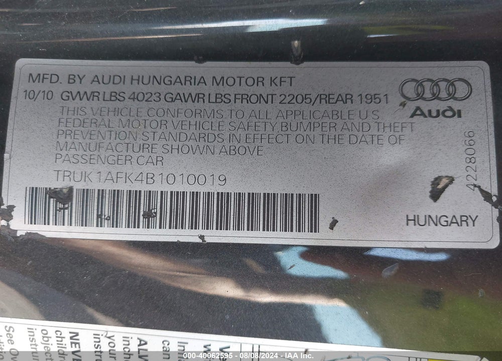 2011 AUDI TTS 2.0T PREMIUM PLUS VIN: TRUK1AFK4B1010019