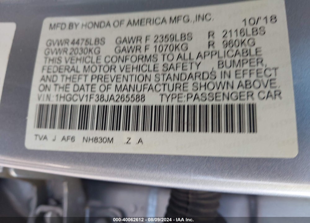 2018 HONDA ACCORD SPORT VIN: 1HGCV1F38JA265588