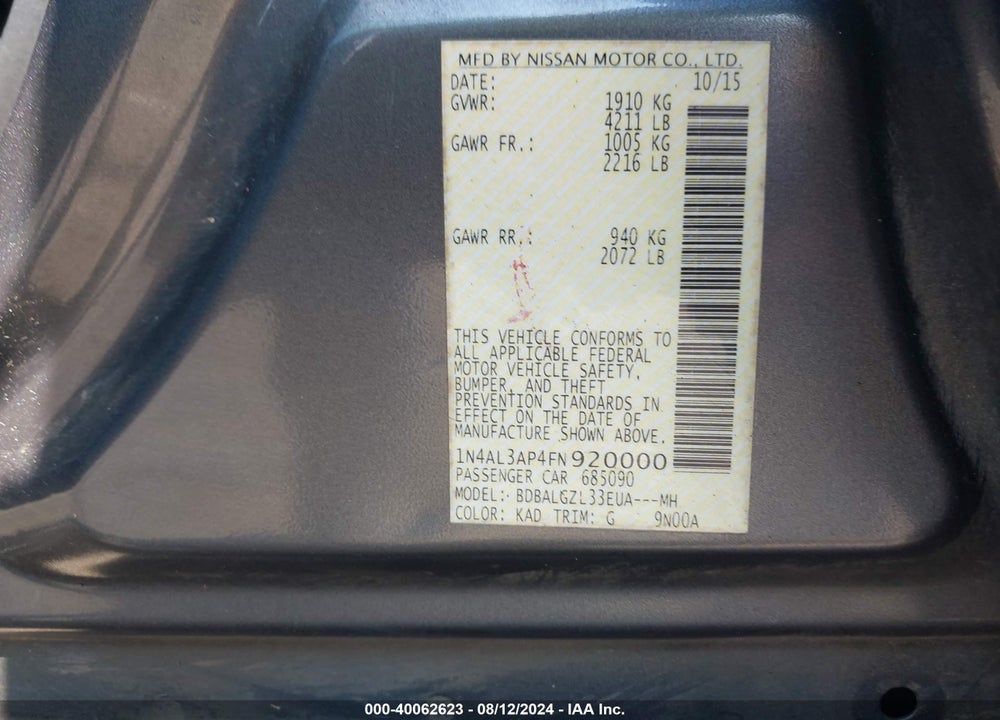 2015 NISSAN ALTIMA VIN: 1N4AL3AP4FN920000